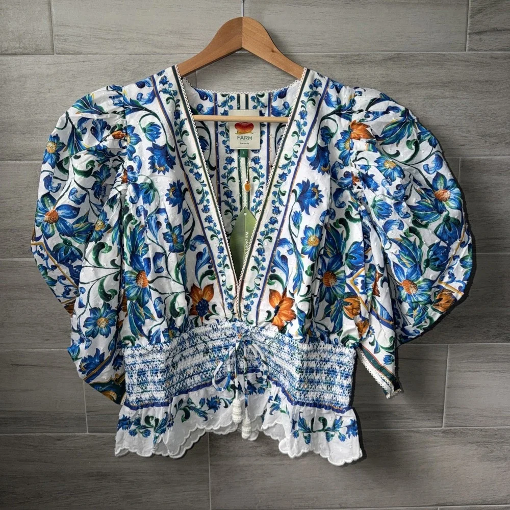 Farm Rio Flora Off-White Puff Sleeve Blouse Size L Smocked Waist Scalloped Hem